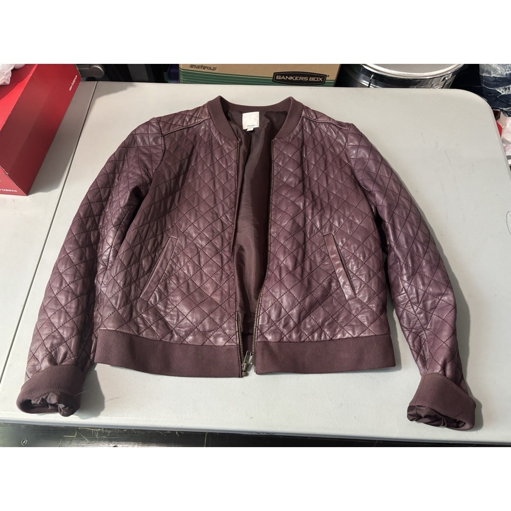 Halogen Women's Quilted Lined Bomber Jacket Zip Leather  Purple Long Sleeve L